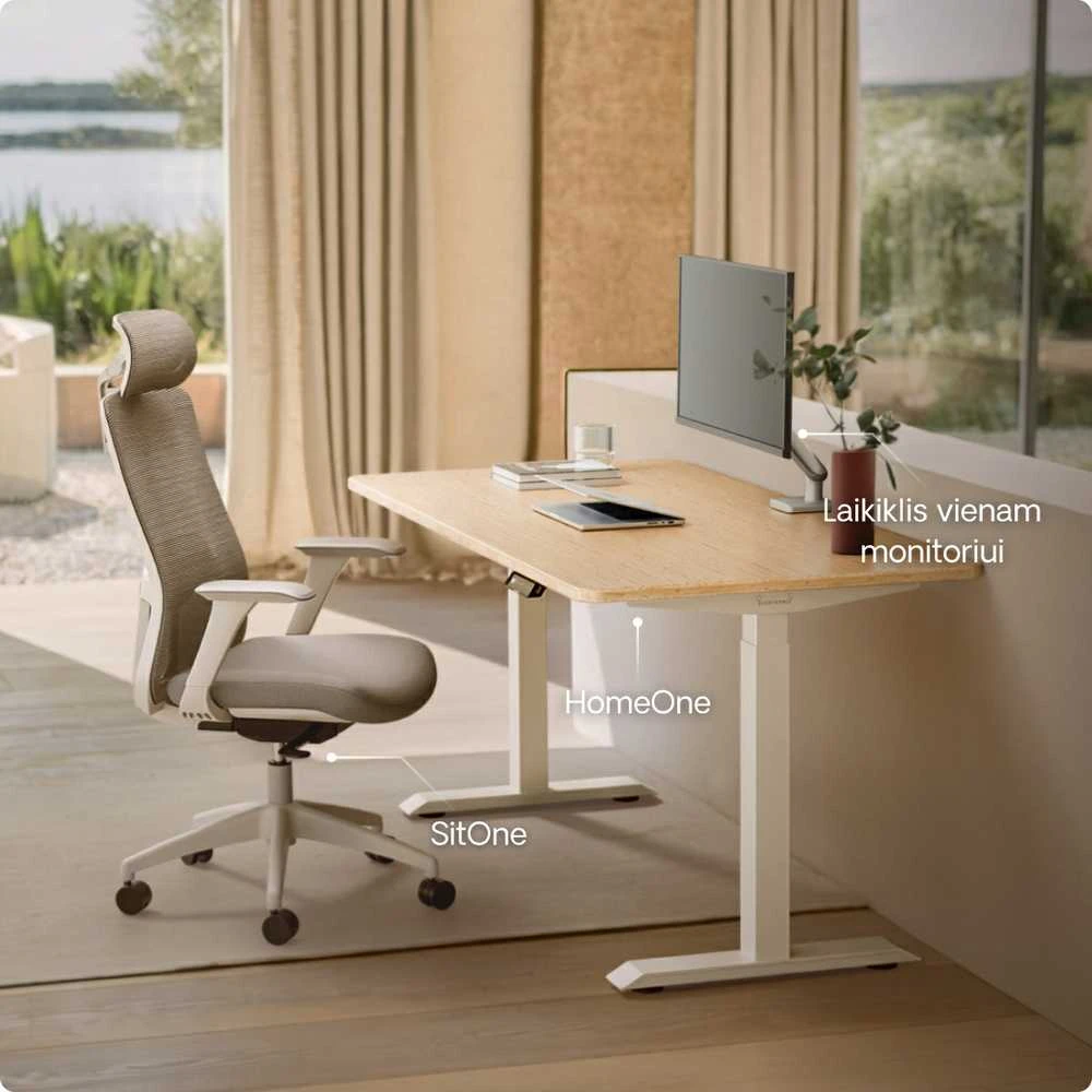 Elektrinis reguliuojamo aukščio stalas Desktronic HomeOne Bambukas/Baltas, 120x60cm, Dvigubas motoras, USB ir USB-C įkrovimo lizdai