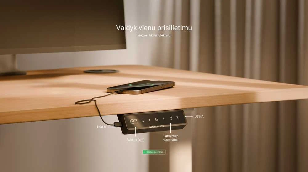 Elektrinis reguliuojamo aukščio stalas Desktronic HomePro Juodas/Ąžuolas, 200x80cm, Dvigubas motoras, USB ir USB-C įkrovimo lizdai
