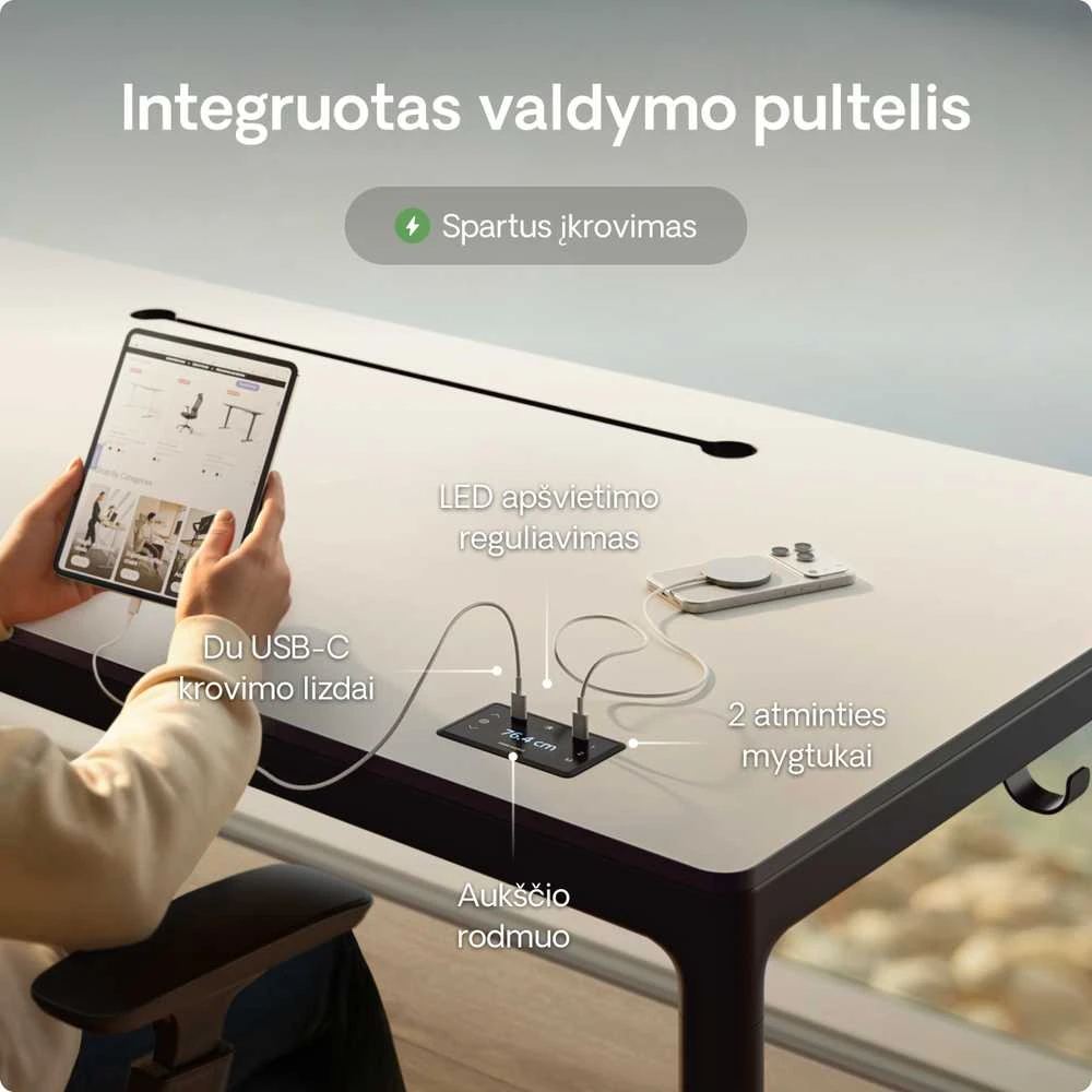 Elektrinis Reguliuojamo Aukščio Stalas Desktronic HomeMax Juodas/Baltas, 160x80cm, Keturi varikliai, Magnetinis kabelių laikiklis