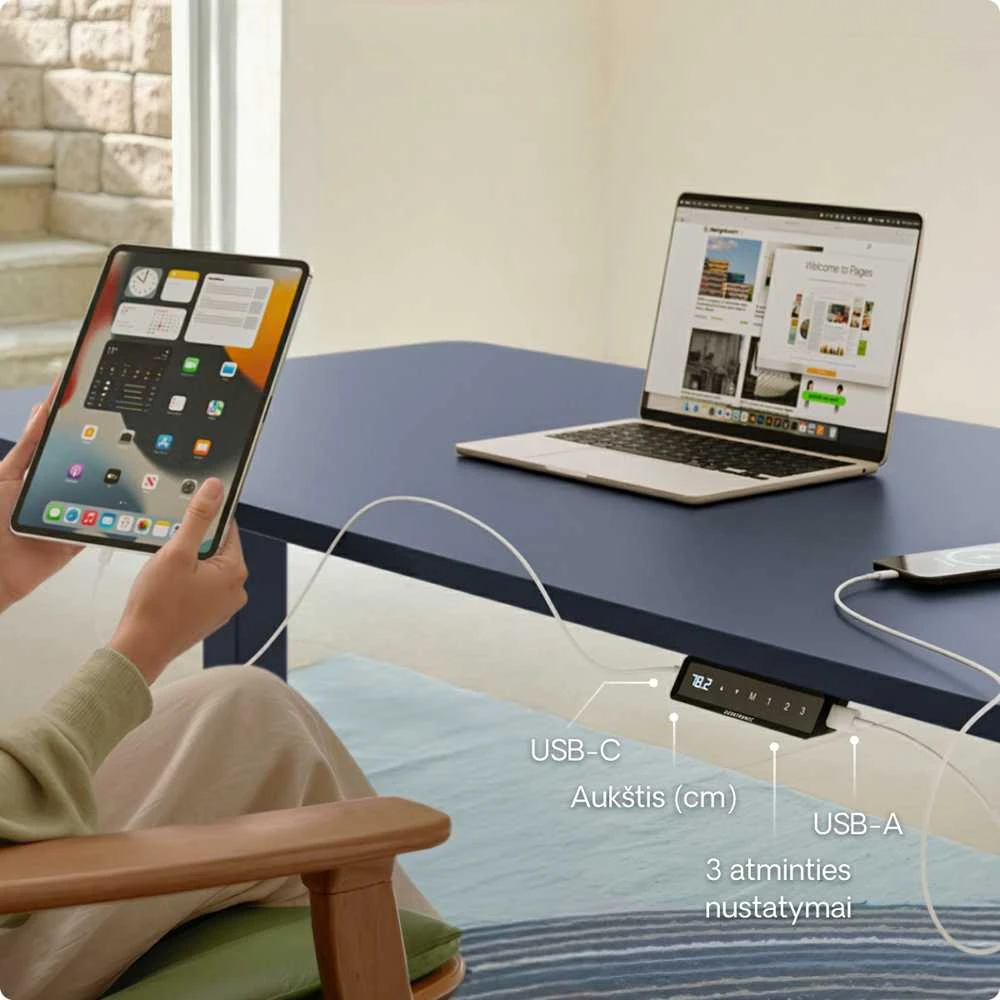 Elektrinis reguliuojamo aukščio stalas Desktronic HomeOne Mėlynas/Baltas, 120x60cm, Dvigubas motoras, USB ir USB-C įkrovimo lizdai