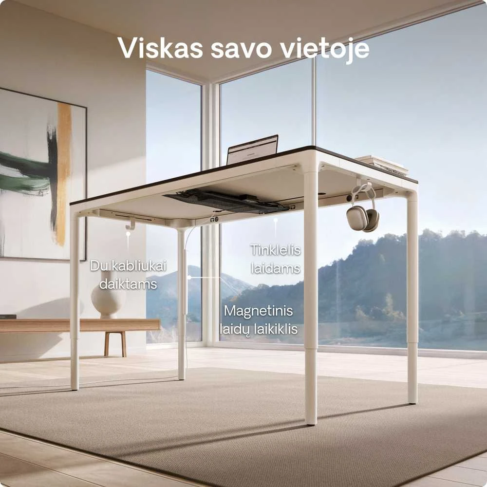 Elektrinis Reguliuojamo Aukščio Stalas Desktronic HomeMax Baltas/Baltas, 160x80cm, Keturi varikliai, Magnetinis kabelių laikiklis