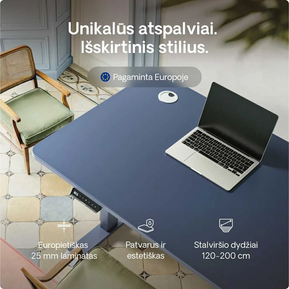 Elektrinis reguliuojamo aukščio stalas Desktronic HomePro Mėlynas/Baltas, 140x70cm, Dvigubas motoras, USB ir USB-C įkrovimo lizdai