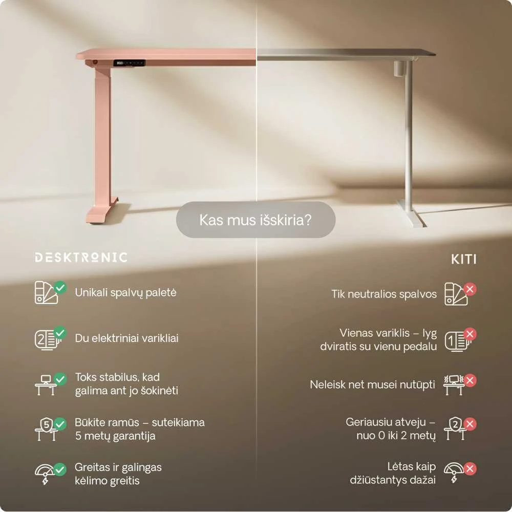 Elektrinis reguliuojamo aukščio stalas Desktronic HomeOne Rožinis/Rožinis, 120x60cm, Dvigubas motoras, USB ir USB-C įkrovimo lizdai