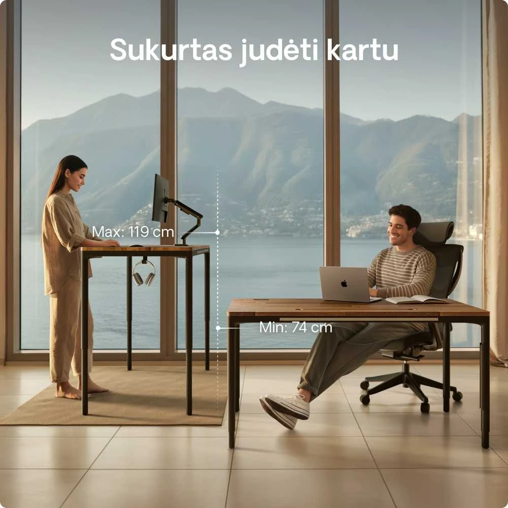 Elektrinis Reguliuojamo Aukščio Stalas Desktronic HomeMax Juodas/Riešutmedis, 160x80cm, Keturi varikliai, Magnetinis kabelių laikiklis