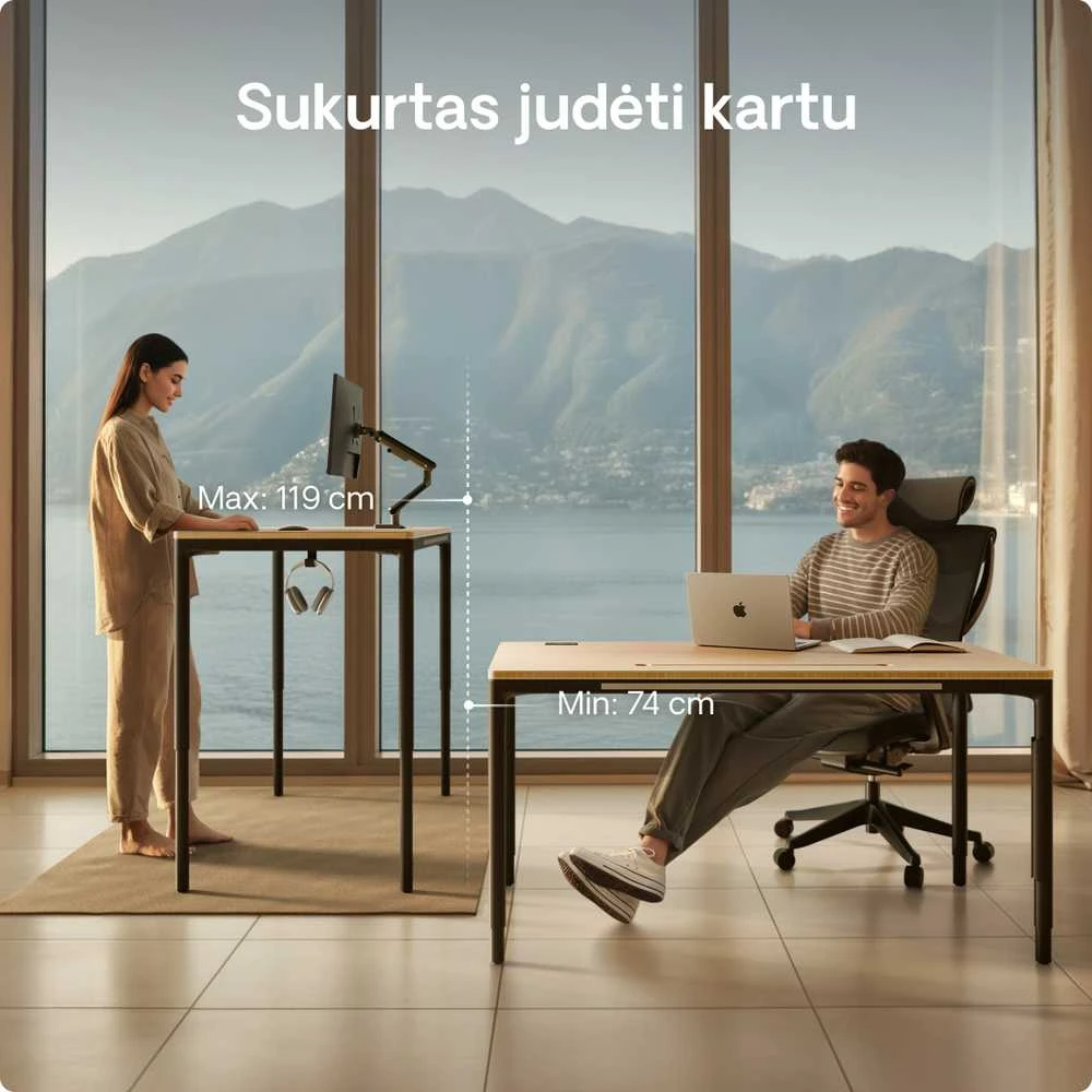 Elektrinis Reguliuojamo Aukščio Stalas Desktronic HomeMax Juodas/Bambukas, 160x80cm, Keturi varikliai, Magnetinis kabelių laikiklis