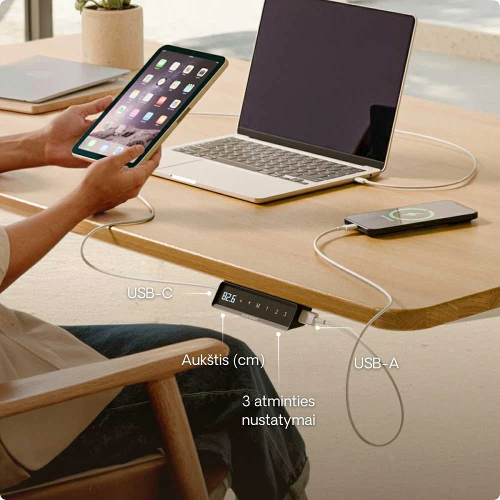 Elektrinis reguliuojamo aukščio stalas Desktronic HomePro Ąžuolo masyvas/Baltas, 200x80cm, Dvigubas motoras, USB ir USB-C įkrovimo lizdai