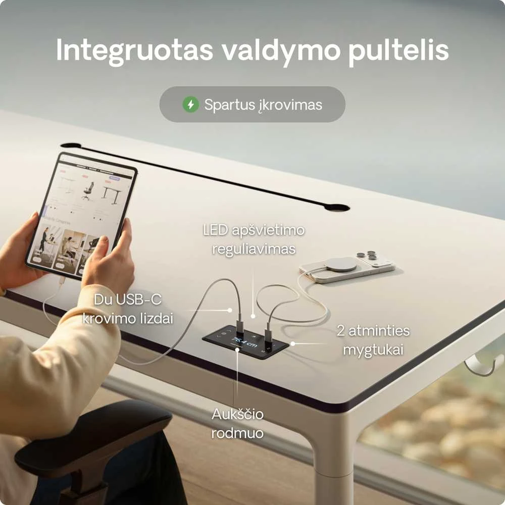 Elektrinis Reguliuojamo Aukščio Stalas Desktronic HomeMax Baltas/Baltas, 160x80cm, Keturi varikliai, Magnetinis kabelių laikiklis