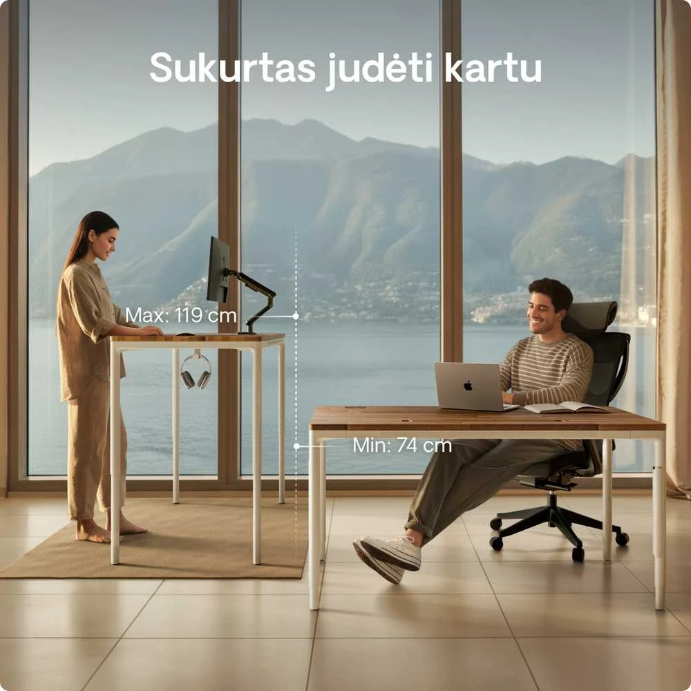 Elektrinis Reguliuojamo Aukščio Stalas Desktronic HomeMax Baltas/Riešutmedis, 160x80cm, Keturi varikliai, Magnetinis kabelių laikiklis