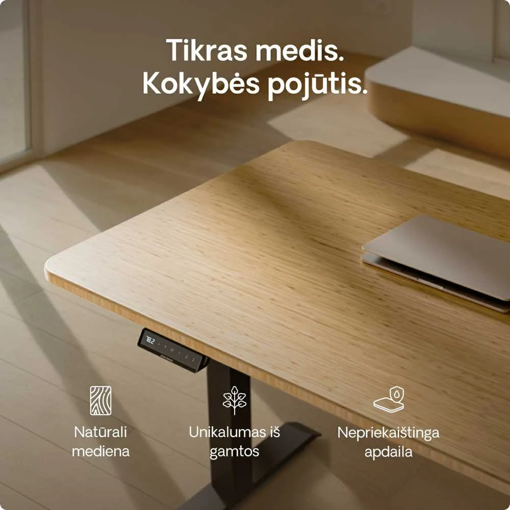 Elektrinis reguliuojamo aukščio stalas Desktronic HomeOne Bambukas/Juodas, 140x70cm, Dvigubas motoras, USB ir USB-C įkrovimo lizdai