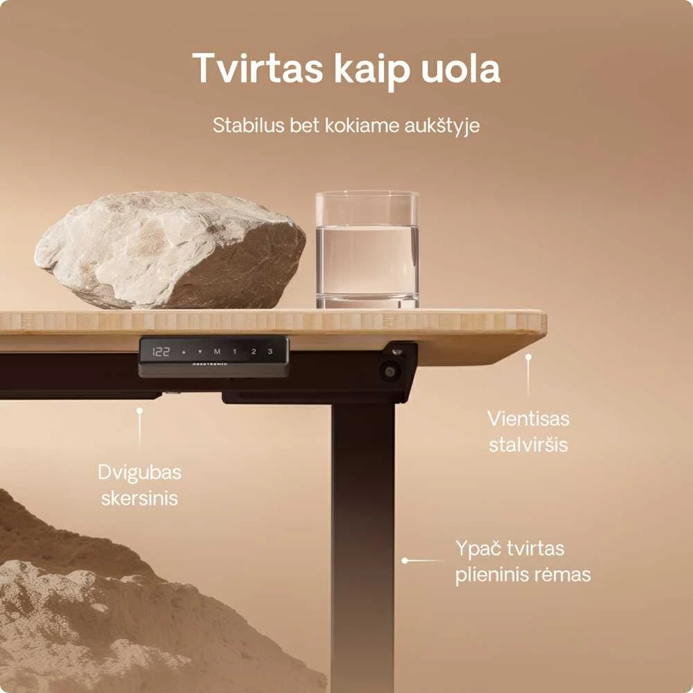 Elektrinis reguliuojamo aukščio stalas Desktronic HomeOne Bambukas/Juodas, 140x70cm, Dvigubas motoras, USB ir USB-C įkrovimo lizdai