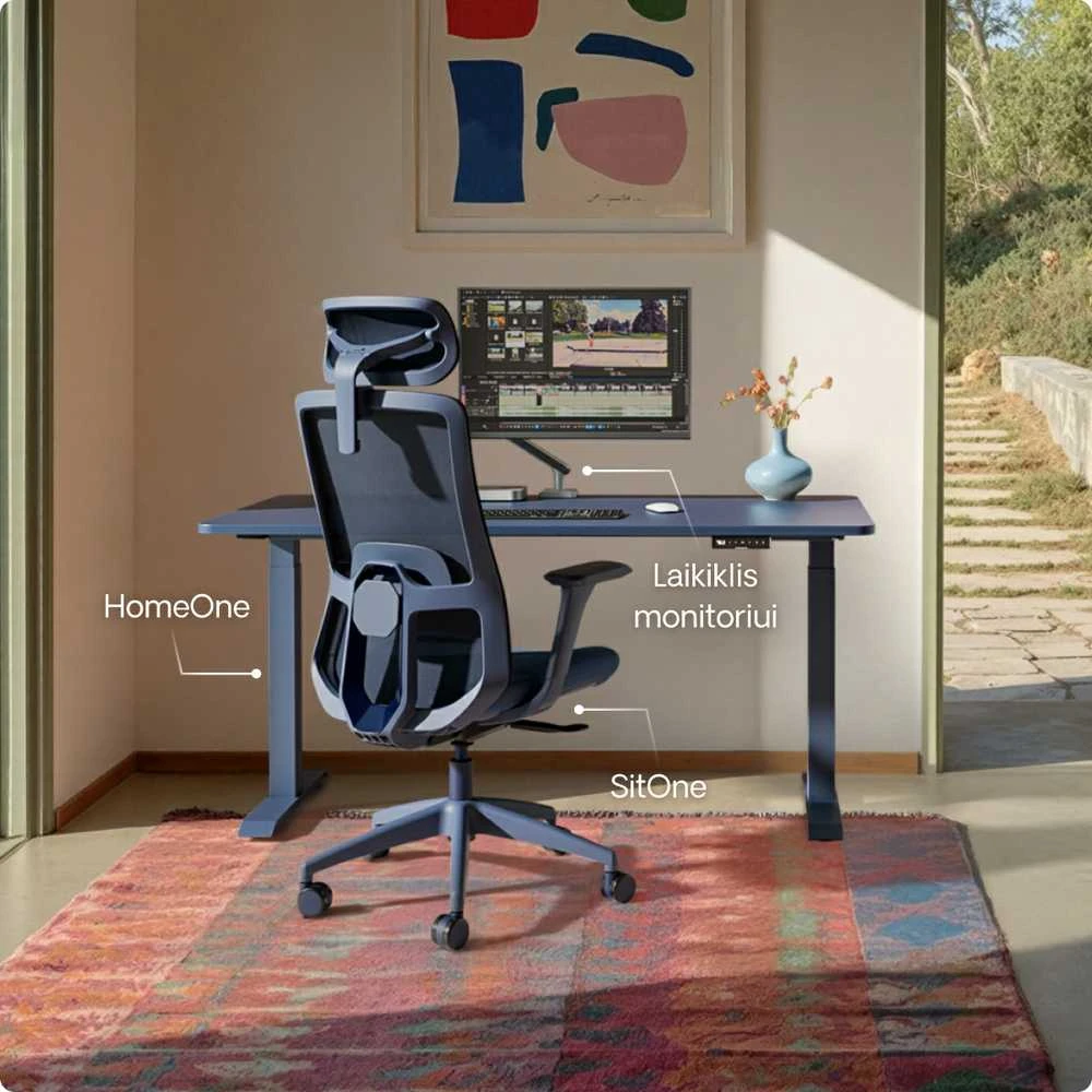 Elektrinis reguliuojamo aukščio stalas Desktronic HomeOne Mėlynas/Baltas, 120x60cm, Dvigubas motoras, USB ir USB-C įkrovimo lizdai
