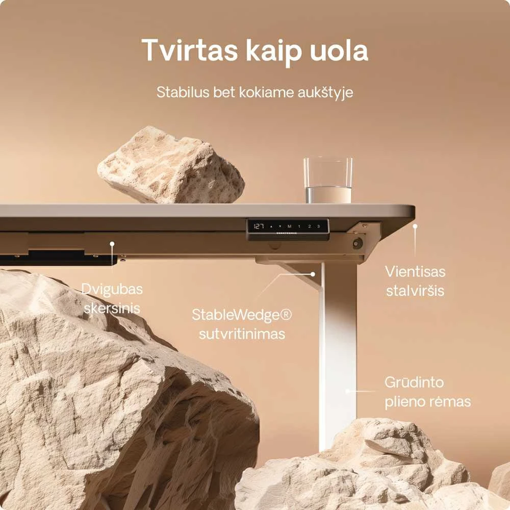 Elektrinis reguliuojamo aukščio stalas Desktronic HomePro Baltas/Pilkas, 200x80cm, Dvigubas motoras, USB ir USB-C įkrovimo lizdai