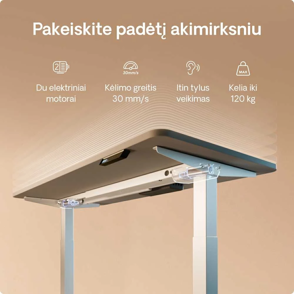 Elektrinis reguliuojamo aukščio stalas Desktronic HomeOne Baltas/Pilkas, 140x70cm, Dvigubas motoras, USB ir USB-C įkrovimo lizdai