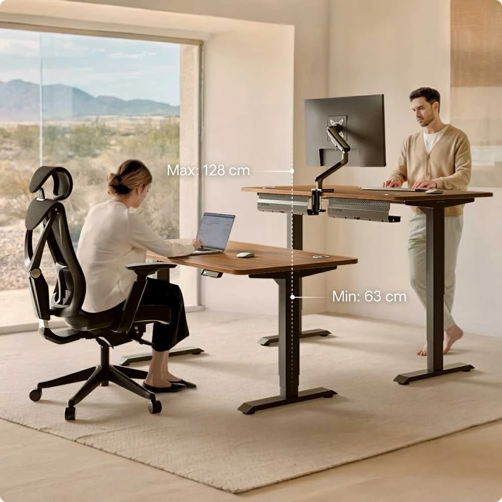 Elektrinis reguliuojamo aukščio stalas Desktronic HomePro Juodas/Riešutmedis, 160x80cm, Dvigubas motoras, USB ir USB-C įkrovimo lizdai