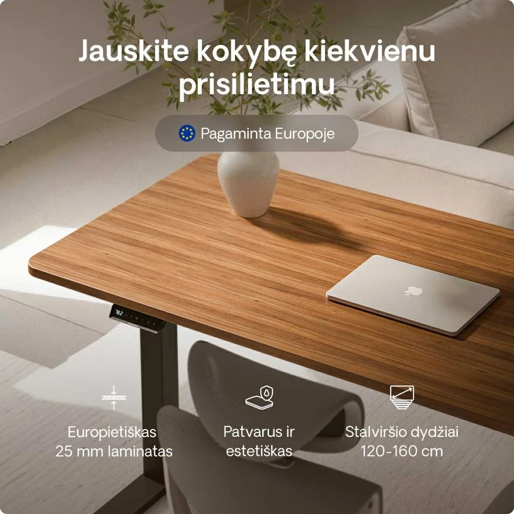 Elektrinis reguliuojamo aukščio stalas Desktronic HomeOne Juodas/Riešutmedis, 120x60cm, Dvigubas motoras, USB ir USB-C įkrovimo lizdai
