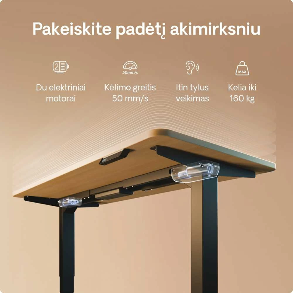 Elektrinis reguliuojamo aukščio stalas Desktronic HomePro Juodas/Ąžuolas, 200x80cm, Dvigubas motoras, USB ir USB-C įkrovimo lizdai