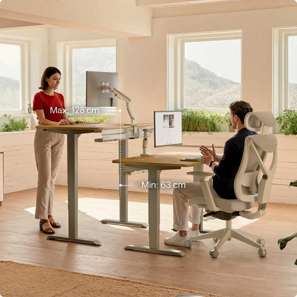 Elektrinis reguliuojamo aukščio stalas Desktronic HomePro Ąžuolo masyvas/Pilkas, 200x80cm, Dvigubas motoras, USB ir USB-C įkrovimo lizdai