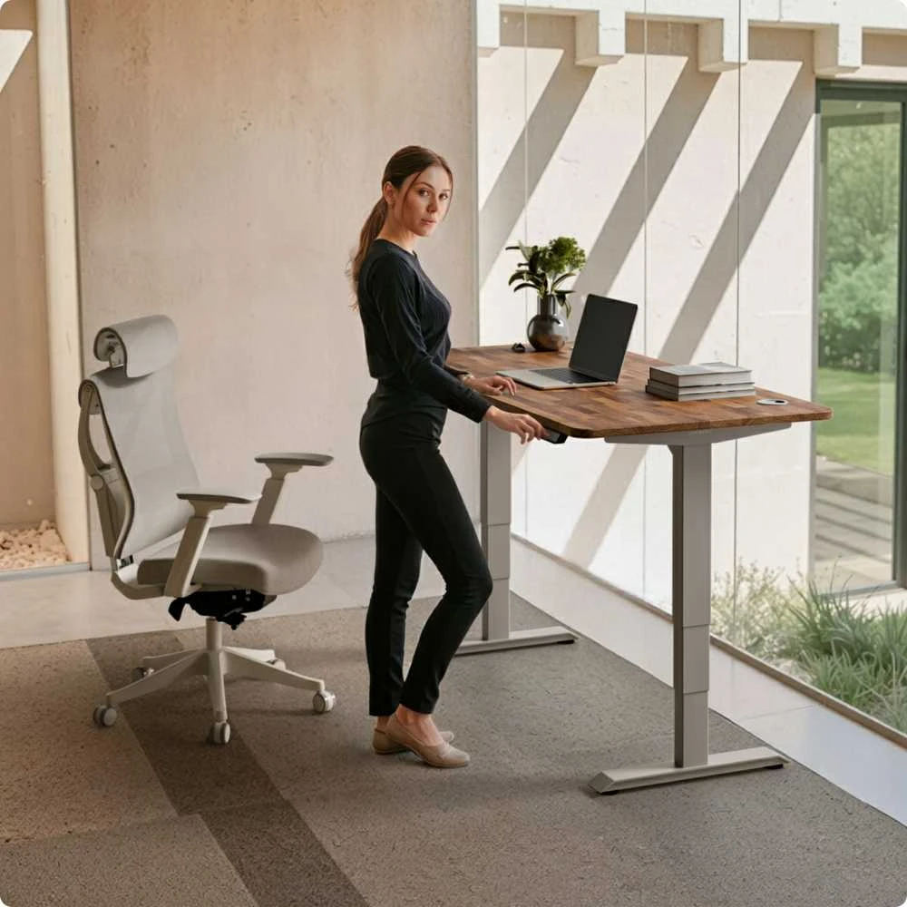 Elektrinis reguliuojamo aukščio stalas Desktronic HomePro Riešutmedžio masyvas/Pilkas, 200x80cm, Dvigubas motoras, USB ir USB-C įkrovimo lizdai