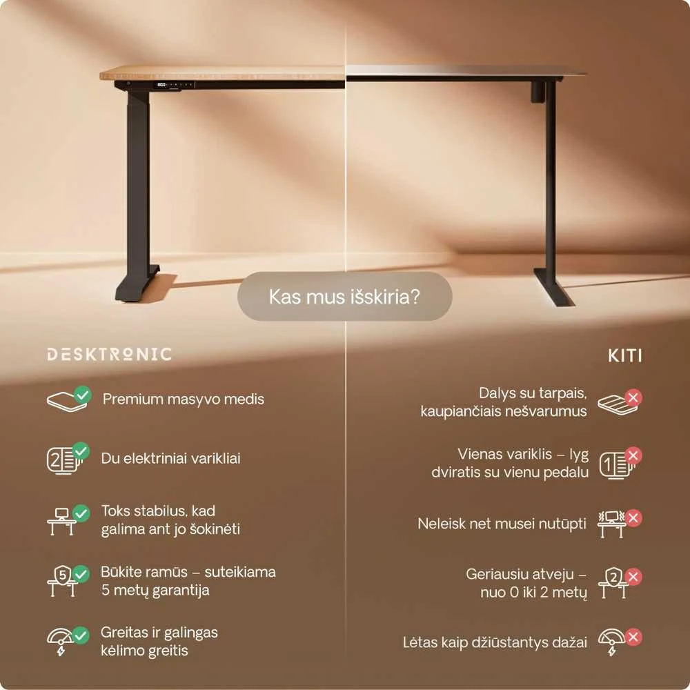 Elektrinis reguliuojamo aukščio stalas Desktronic HomeOne Bambukas/Juodas, 140x70cm, Dvigubas motoras, USB ir USB-C įkrovimo lizdai