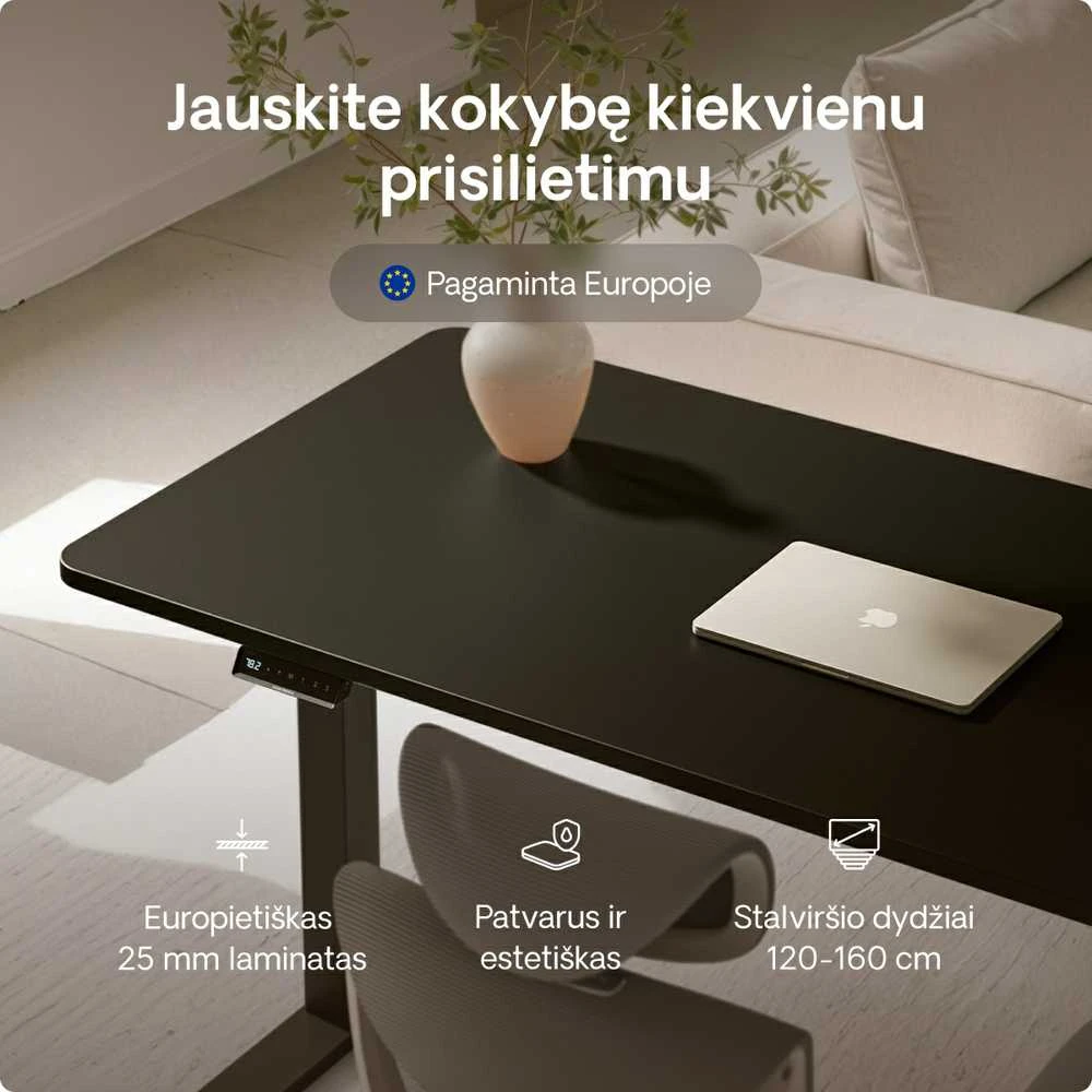 Elektrinis reguliuojamo aukščio stalas Desktronic HomeOne Juodas/Juodas, 120x60cm, Dvigubas motoras, USB ir USB-C įkrovimo lizdai