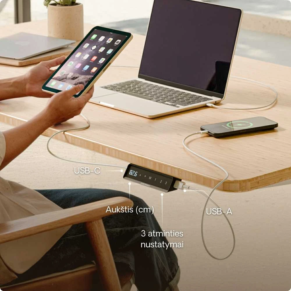 Elektrinis reguliuojamo aukščio stalas Desktronic HomePro Bambukas/Baltas, 200x80cm, Dvigubas motoras, USB ir USB-C įkrovimo lizdai