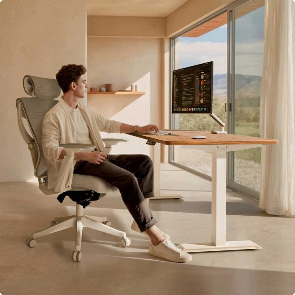Elektrinis reguliuojamo aukščio stalas Desktronic HomeOne Baltas/Riešutmedis, 120x60cm, Dvigubas motoras, USB ir USB-C įkrovimo lizdai