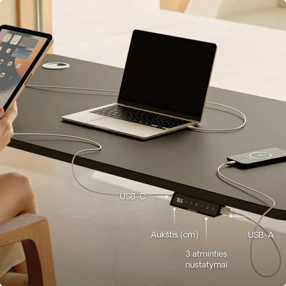 Elektrinis reguliuojamo aukščio stalas Desktronic HomePro Baltas/Juodas, 160x80cm, Dvigubas motoras, USB ir USB-C įkrovimo lizdai