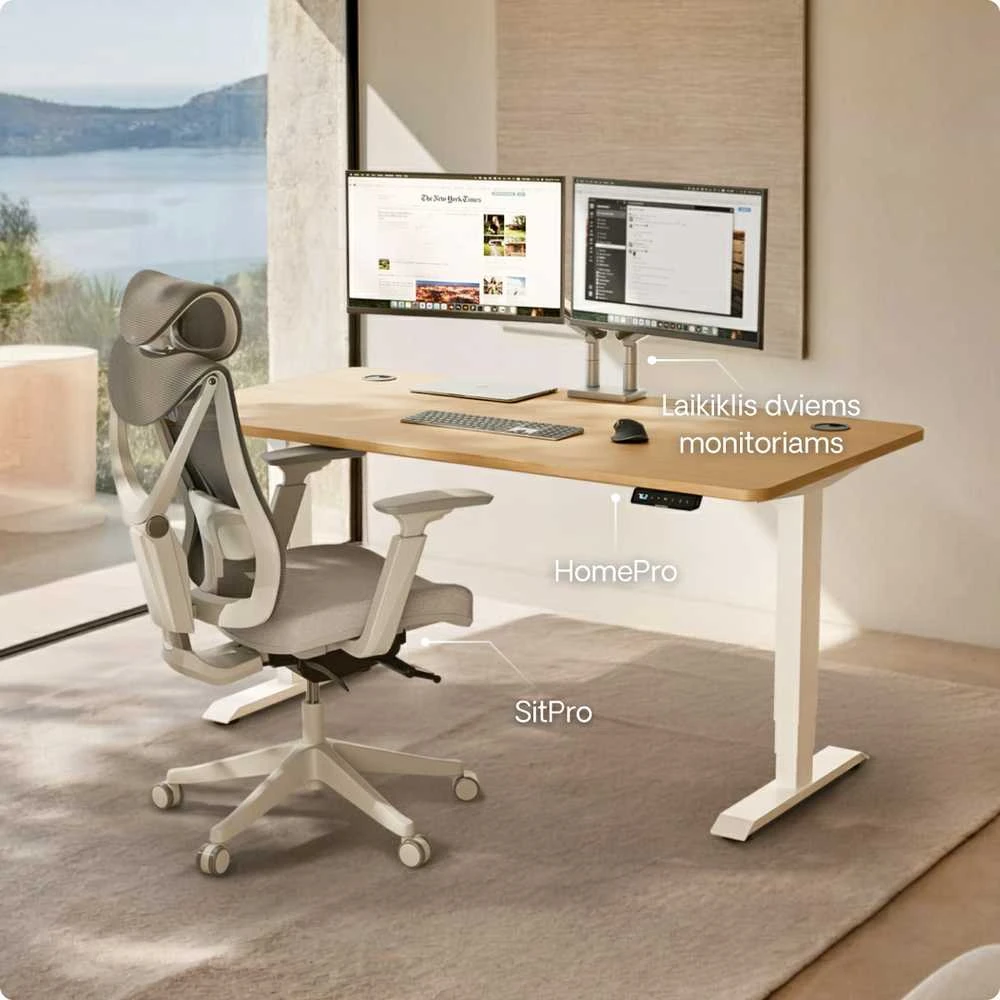 Elektrinis reguliuojamo aukščio stalas Desktronic HomePro Baltas/Ąžuolas, 200x80cm, Dvigubas motoras, USB ir USB-C įkrovimo lizdai