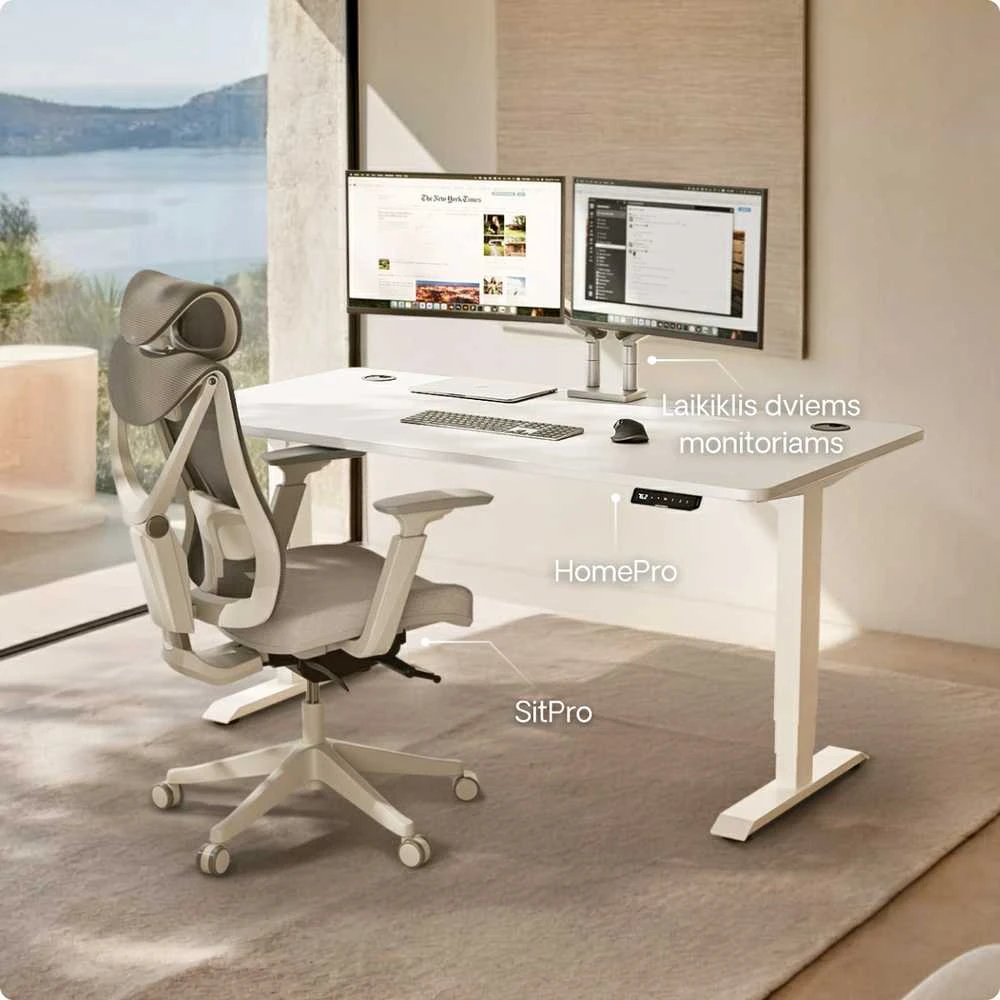 Elektrinis reguliuojamo aukščio stalas Desktronic HomePro Baltas/Baltas, 120x60cm, Dvigubas motoras, USB ir USB-C įkrovimo lizdai