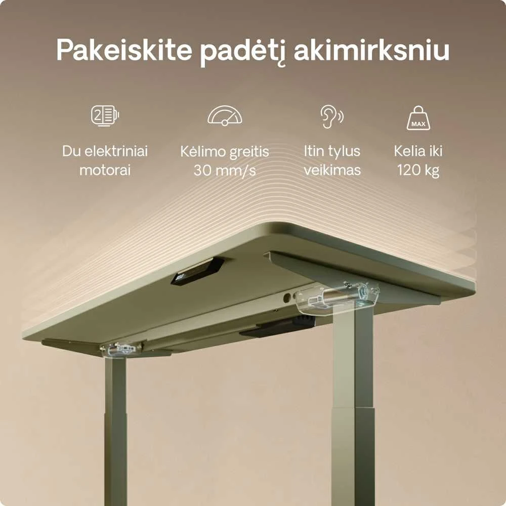 Elektrinis reguliuojamo aukščio stalas Desktronic HomeOne Žalias/Žalias, 120x60cm, Dvigubas motoras, USB ir USB-C įkrovimo lizdai