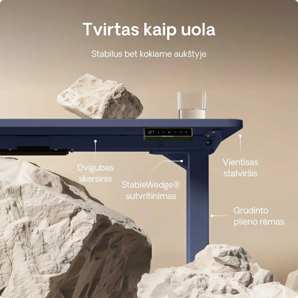 Elektrinis reguliuojamo aukščio stalas Desktronic HomePro Mėlynas/Baltas, 140x70cm, Dvigubas motoras, USB ir USB-C įkrovimo lizdai