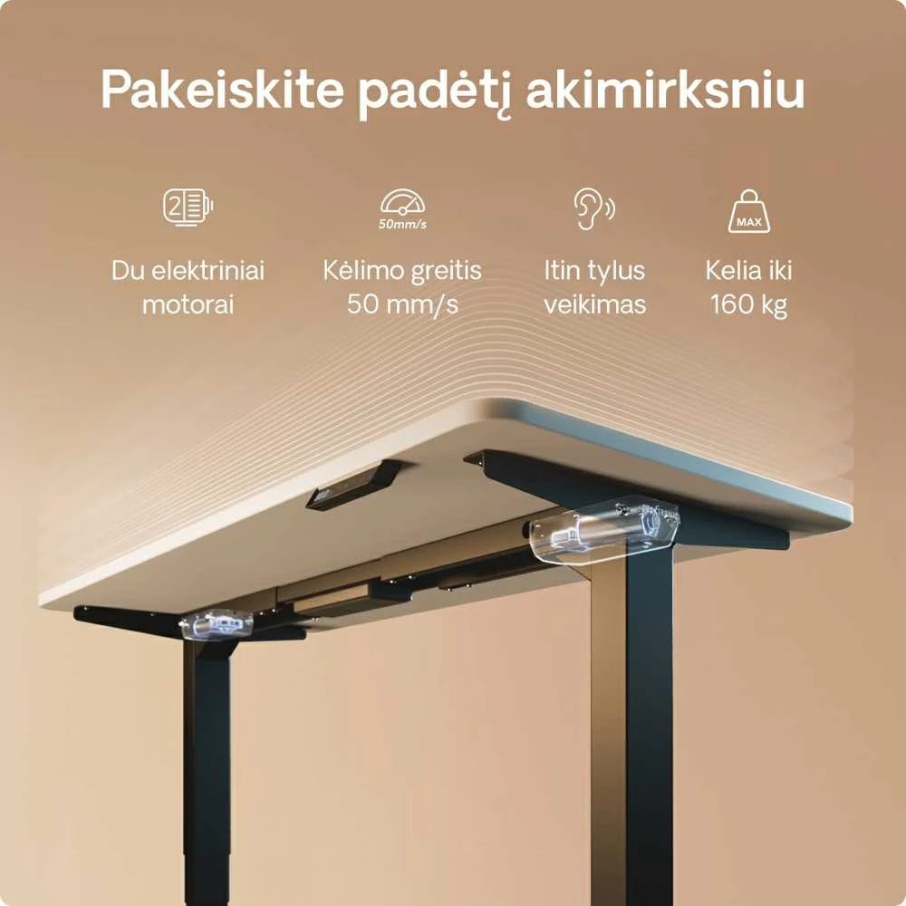 Elektrinis reguliuojamo aukščio stalas Desktronic HomePro Juodas/Baltas, 200x80cm, Dvigubas motoras, USB ir USB-C įkrovimo lizdai