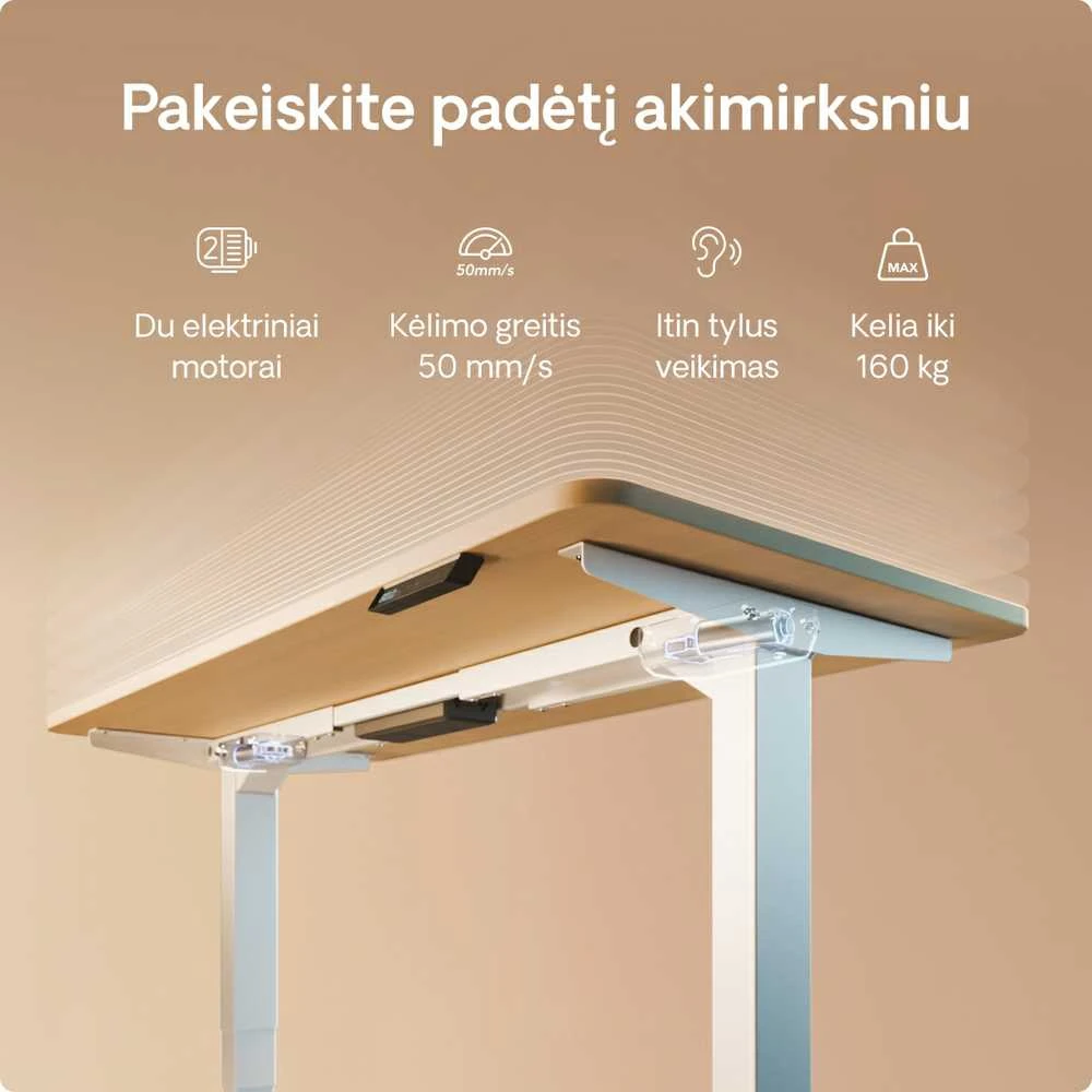 Elektrinis reguliuojamo aukščio stalas Desktronic HomePro Baltas/Ąžuolas, 200x80cm, Dvigubas motoras, USB ir USB-C įkrovimo lizdai