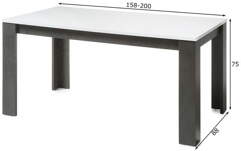 Išplečiamas valgomojo stalas Etero, 158-200 x 88 x 75 cm, tamsiai pilka / baltas blizgesys