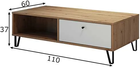 Kavos staliukas Touch, 110 x 60 x 37 cm, matinė balta / ąžuolas