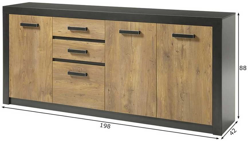 Komoda Brügge, 198 x 42 x 88 cm, kaštonas / pilka