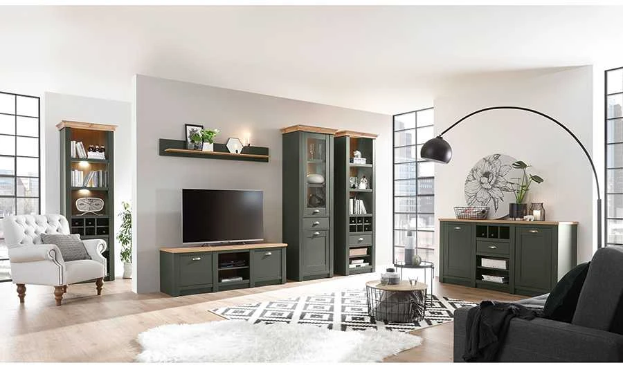 Komoda Cambridge, 145 x 41 x 83 cm, žalia / ąžuolinė