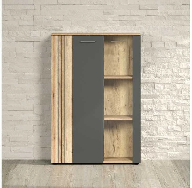 Komoda Esteban, 90 x 34 x 132 cm, antracitas / ąžuolas