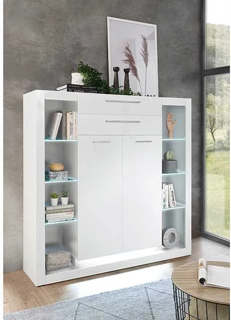 Komoda Meran, 141 x 37 x 139 cm, baltas blizgus