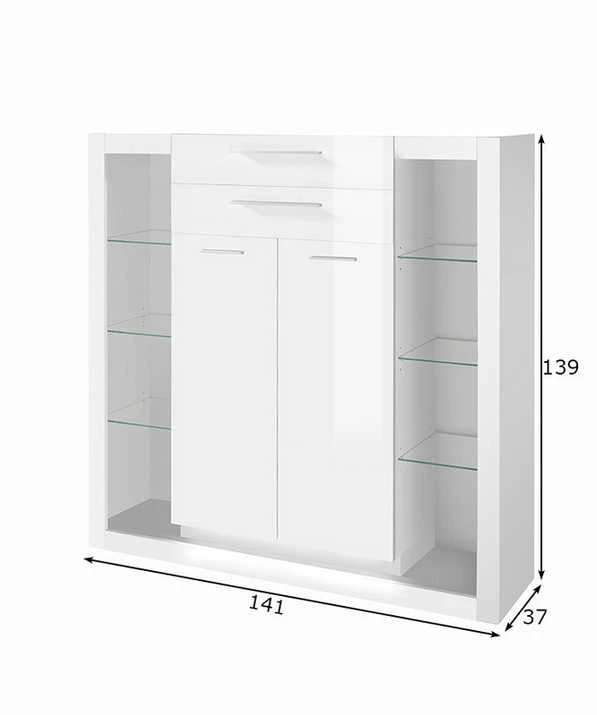 Komoda Meran, 141 x 37 x 139 cm, baltas blizgus