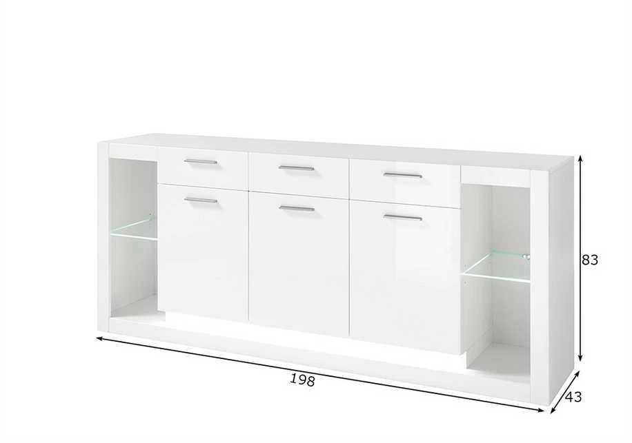Komoda Meran, 198 x 43 x 83 cm, baltas blizgus