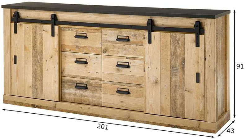 Komoda Sherwood, 201 x 43 x 91 cm, ruda / pilka