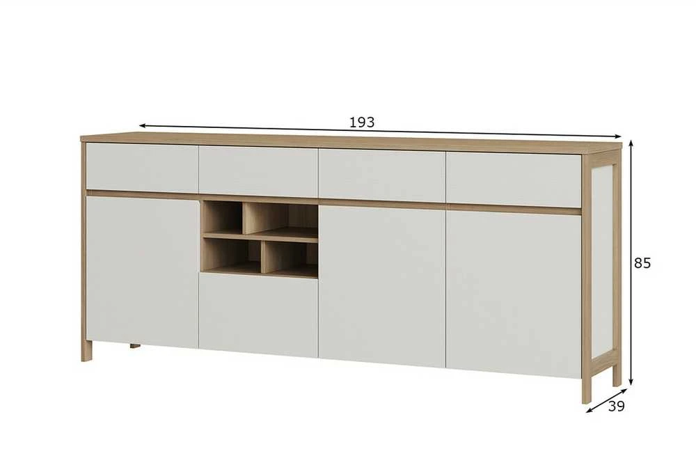 Komoda Stranda, 193 x 39 x 85 cm, balta / ąžuolas