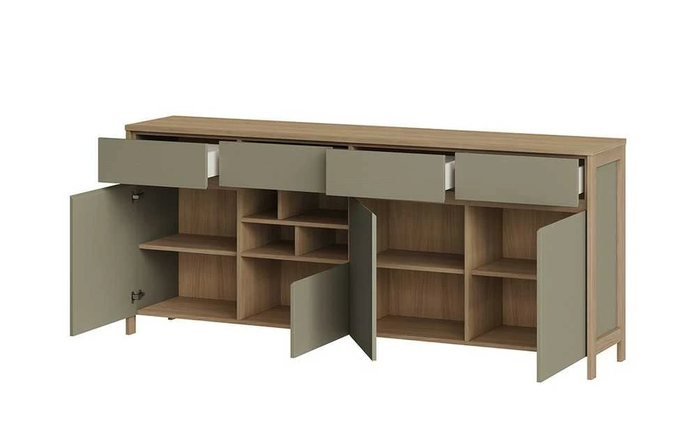 Komoda Stranda, 193 x 39 x 85 cm, pilkai žalia / ąžuolas