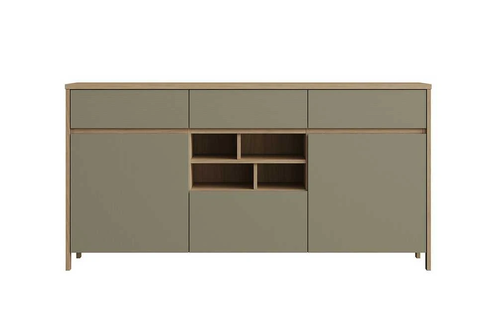 Komoda Stranda, 164 x 39 x 85 cm, pilkai žalia / ąžuolas