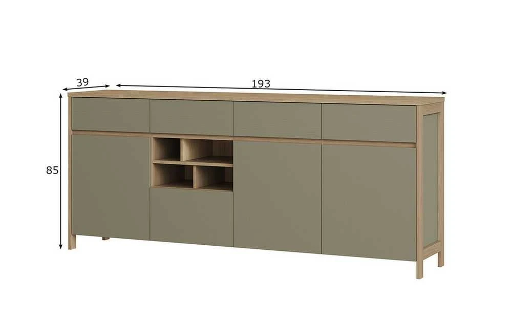 Komoda Stranda, 193 x 39 x 85 cm, pilkai žalia / ąžuolas