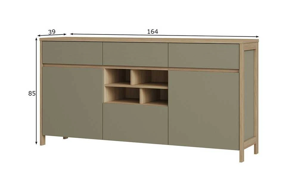 Komoda Stranda, 164 x 39 x 85 cm, pilkai žalia / ąžuolas
