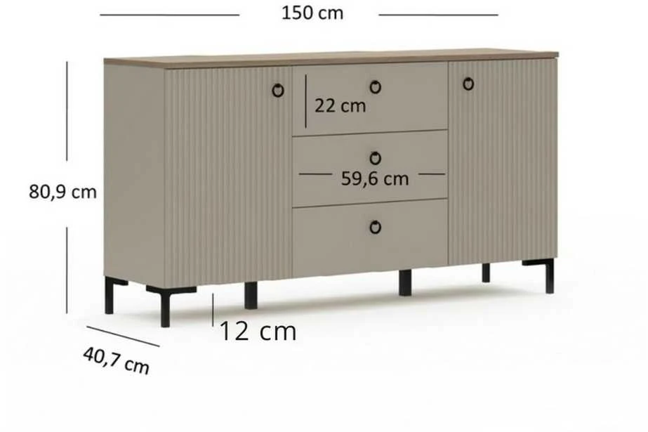 Komoda Lucrezia, 150 x 41 x 81 cm, pilka / ąžuolas