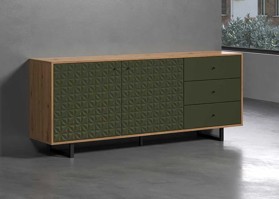 Komoda Sentra, 183 x 40 x 75 cm, tamsiai žalia / ąžuolas