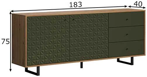 Komoda Sentra, 183 x 40 x 75 cm, tamsiai žalia / ąžuolas